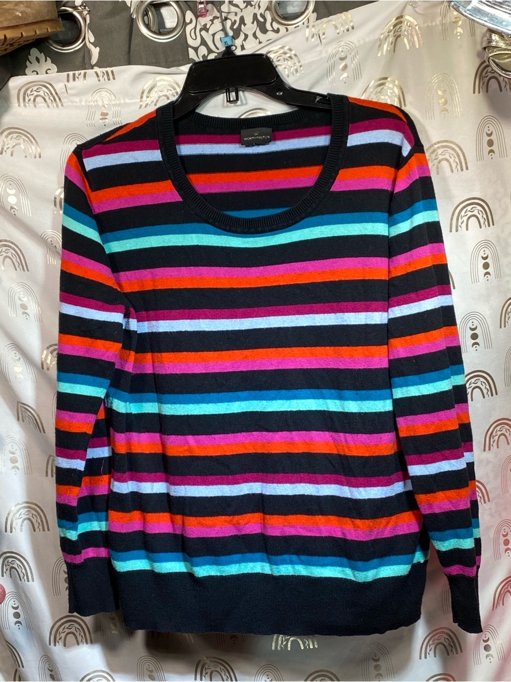 Worthington Black Sweater with Pink and Light Blue Stripes